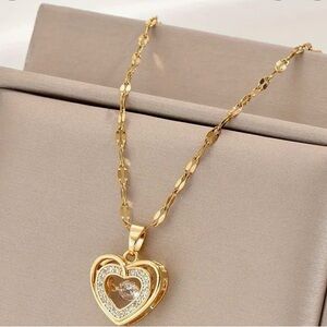 Double Heart Rhinestone Stainless Steel Necklace